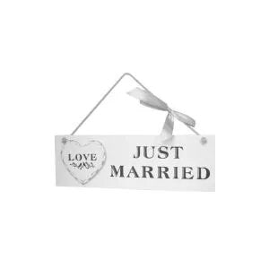 White Wooden Just Married Hanging Heart